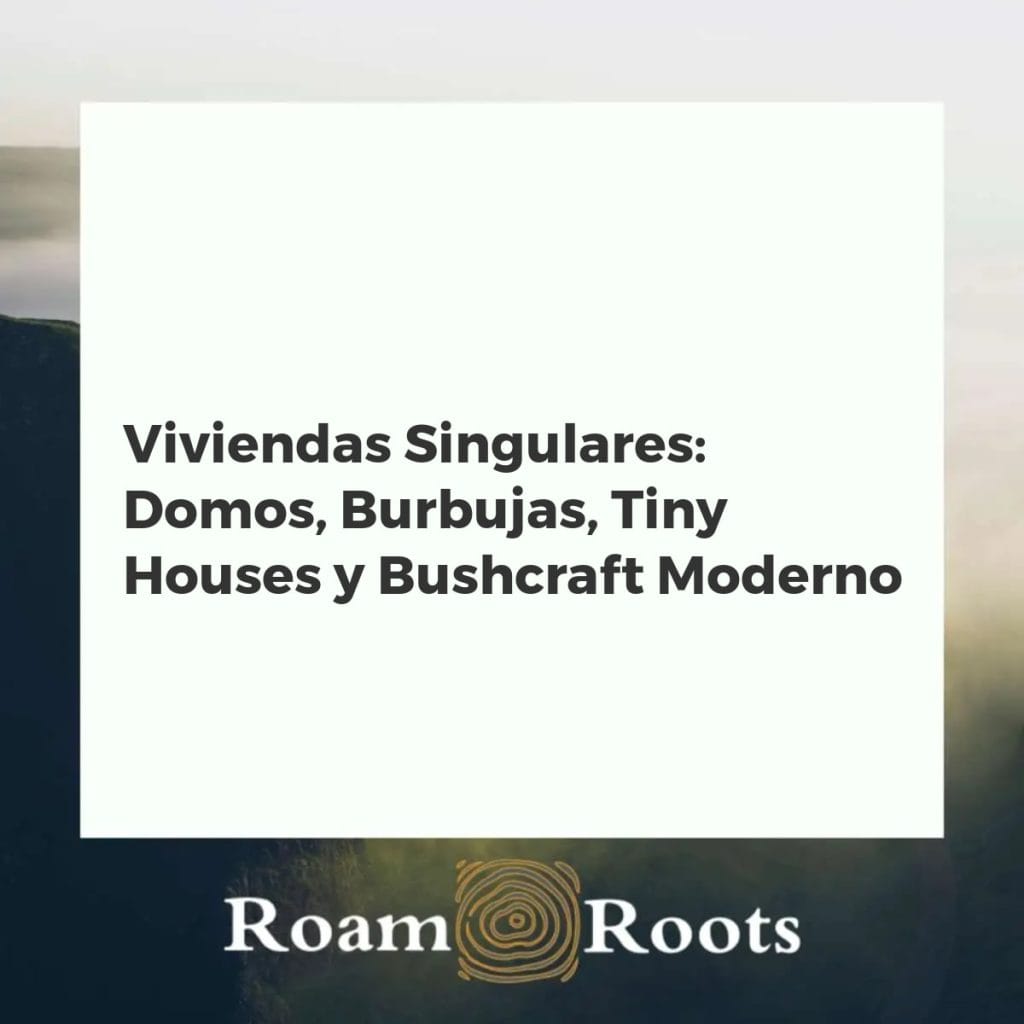 Vistas aéreas de domos, burbujas, tiny houses y refugios bushcraft en un entorno natural idílico bajo las estrellas, simbolizando lujo y sostenibilidad